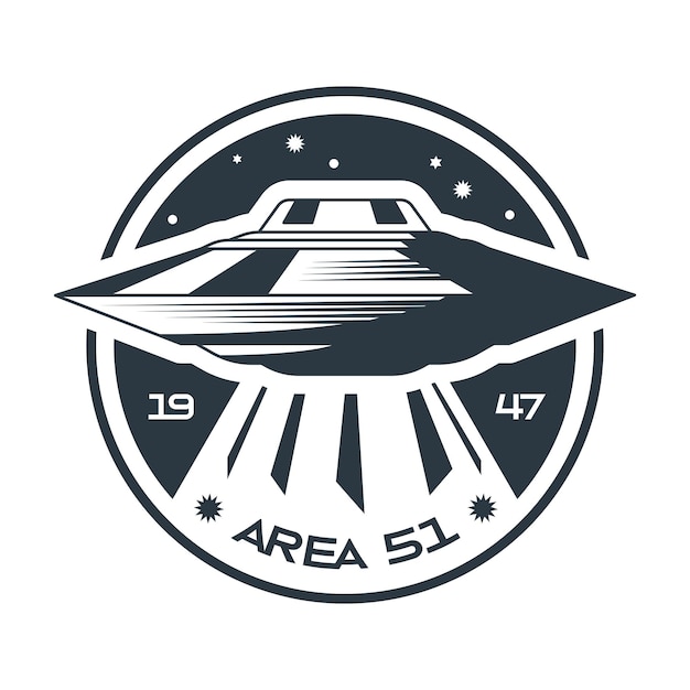 Composición monocromática del emblema espacial con área de texto 51 y cielo estrellado con ilustración de vector de ovni volador