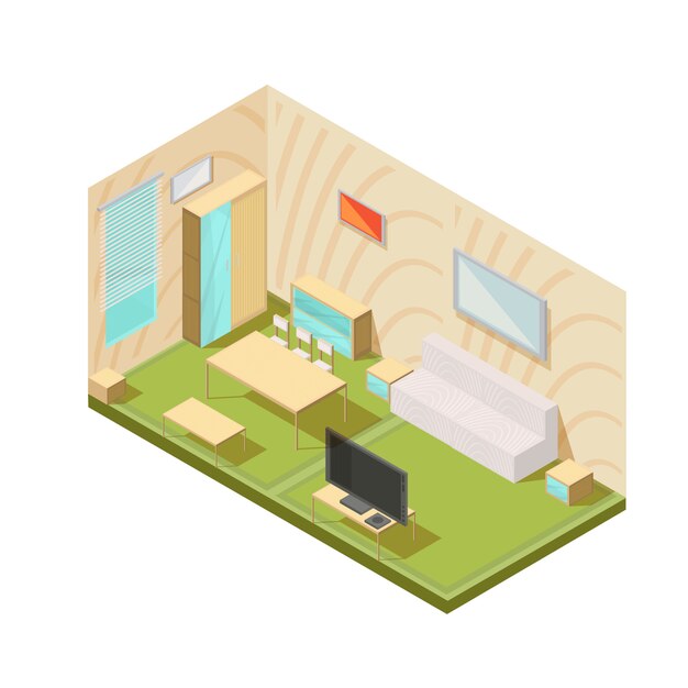 Composición de los muebles con sala de estar isométrica, interior, televisor, ventana, mesas, armario y mesitas de noche vector ilustración