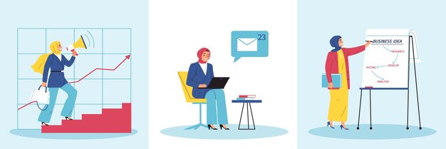 Composición de mujeres empresarias musulmanas con un conjunto de tres composiciones que muestran a una mujer islámica usando hiyab resolviendo tareas comerciales ilustración vectorial