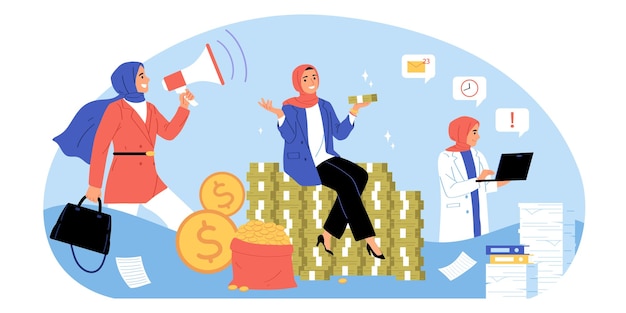 Vector gratuito composición de mujeres empresarias musulmanas con personajes de garabatos de mujeres islámicas que ganan mucho dinero con ilustraciones de vectores de burbujas de pictogramas