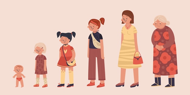 Composición de mujeres de generación con un conjunto de personajes femeninos aislados de niñas adolescentes maduras y ancianas ilustración vectorial