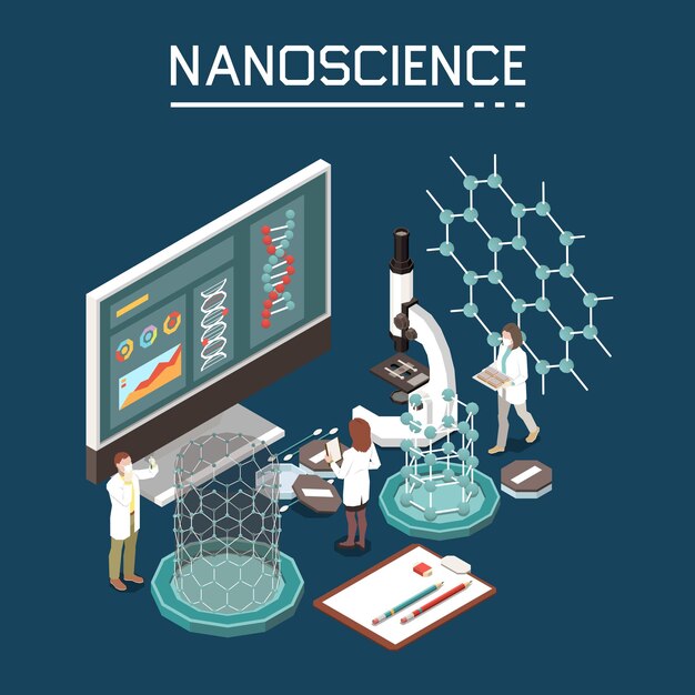 Composición de nanotecnología de innovación de investigación de nano ciencia con imágenes isométricas de monitor de computadora de nanoestructura de electrónica orgánica