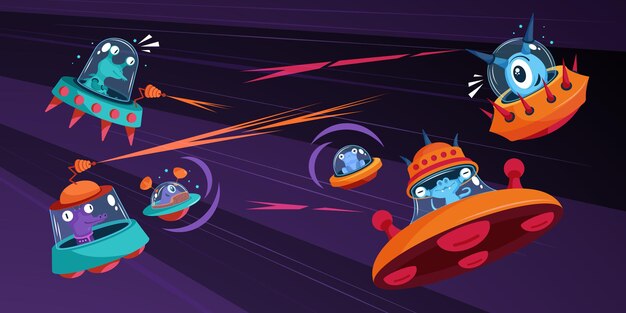 Composición de nave espacial alienígena con personajes de dibujos animados de monstruos espaciales disparando láser volando en la ilustración de naves espaciales ovni