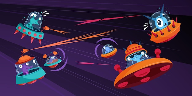 Composición de nave espacial alienígena con personajes de dibujos animados de monstruos espaciales disparando láser volando en la ilustración de naves espaciales ovni