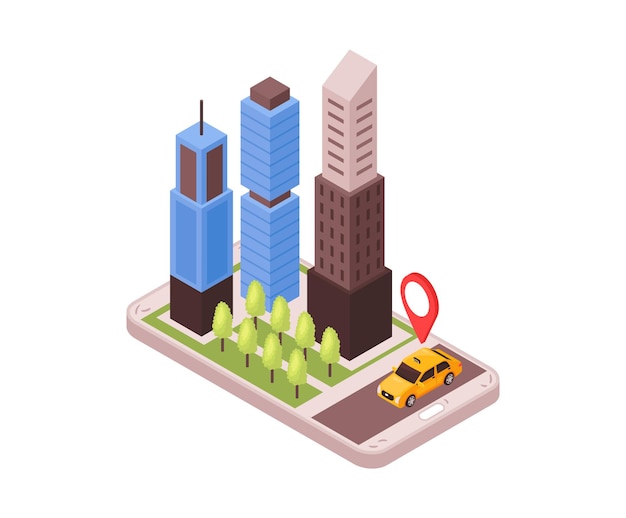 Composición de navegación de taxi isométrica con bloque de ciudad y cabina con señal de ubicación en la parte superior de la ilustración de vector de teléfono inteligente