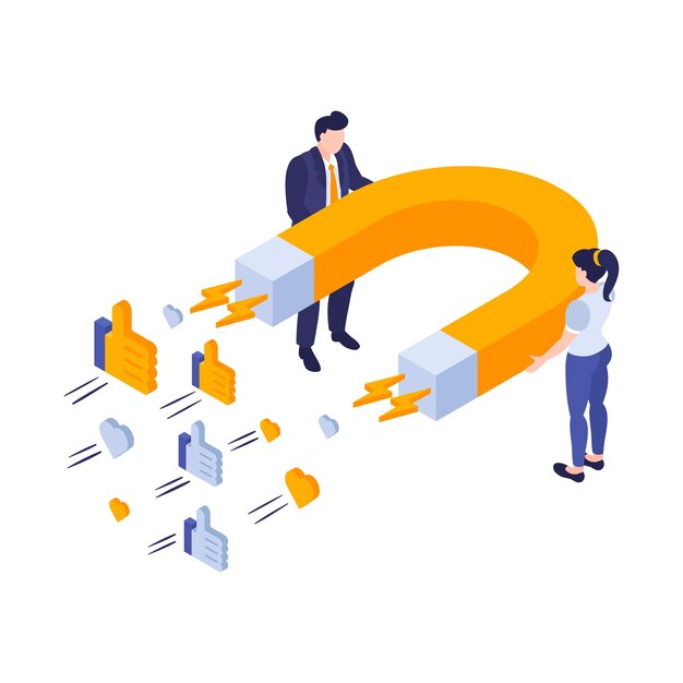 Composición de negocio de estrategia de marketing isométrica de imán aislado con personajes humanos en ilustración de vector de fondo en blanco