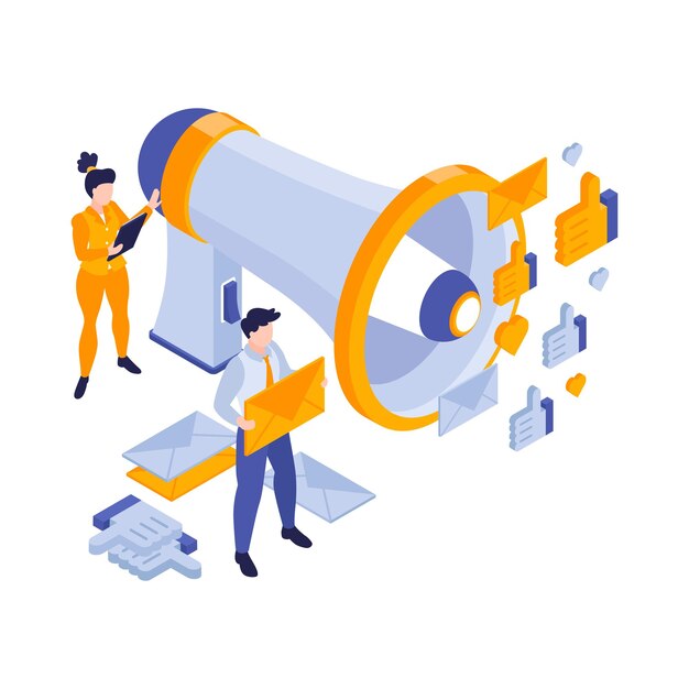 Composición de negocio de estrategia de marketing isométrica de megáfono aislado con personajes humanos y como pictogramas ilustración vectorial