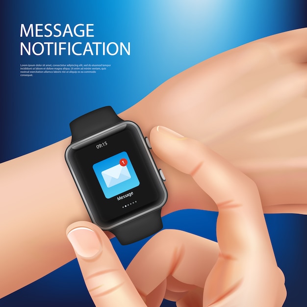 Vector gratuito composición de notificación de mensaje nuevo reloj inteligente realista con la mano del hombre con una ilustración de vector de reloj