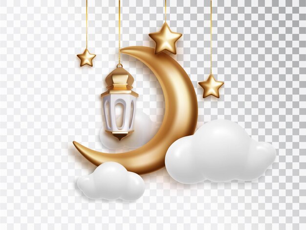 Composición con nube de linterna de luna creciente y estrellas para la decoración del mes sagrado islámico