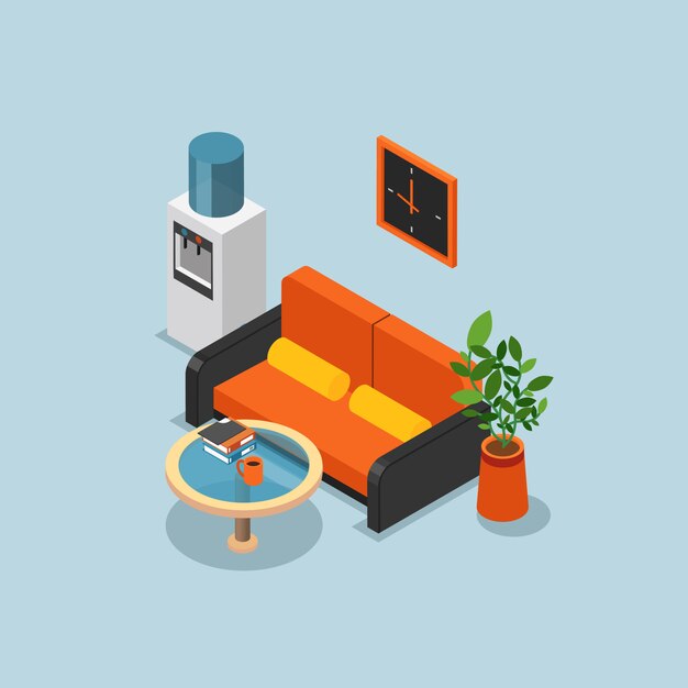 Composición de oficina isométrica coloreada con paredes de color azul claro sofá naranja y una ilustración vectorial más fresca