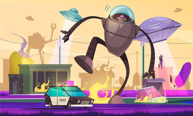 Composición de ovni alienígena con vista exterior de la ciudad bajo invasión extraterrestre con coches en llamas caminando cyborg