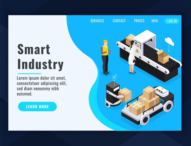 Composición de la página de inicio de la industria inteligente isométrica con aprender más botón y enlaces ilustración vectorial