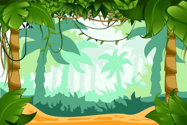 Composición del paisaje de dibujos animados de la selva tropical con lianas trepadoras, follaje suculento y fondo de palmeras que se desvanecen