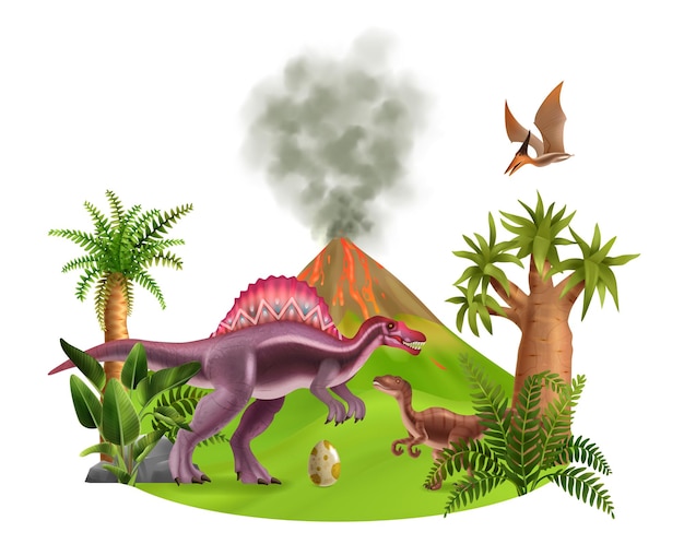 Composición del paisaje del período jurásico con volcán de huevo de dinosaurios realistas y plantas antiguas ilustración vectorial