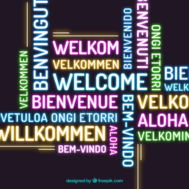 Composición de palabra bienvenido en distintos idiomas estilo neón