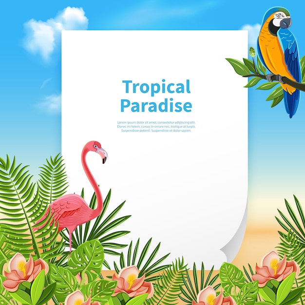 Composición del paraíso tropical con un trozo de papel y texto editable con plantas