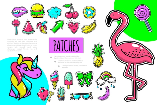 Composición de parches de arte pop con flamingo unicornio frutas arco iris anteojos clave hamburguesa cereza donut boca lollipop ilustración,
