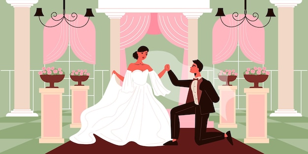 Composición de la pareja de novios con el interior del salón interior y los personajes de la novia y el novio en la ilustración de disfraces inteligentes