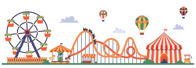 Composición del parque de atracciones con paisaje al aire libre y vista de la montaña rusa de circo y la ilustración de la rueda de observación