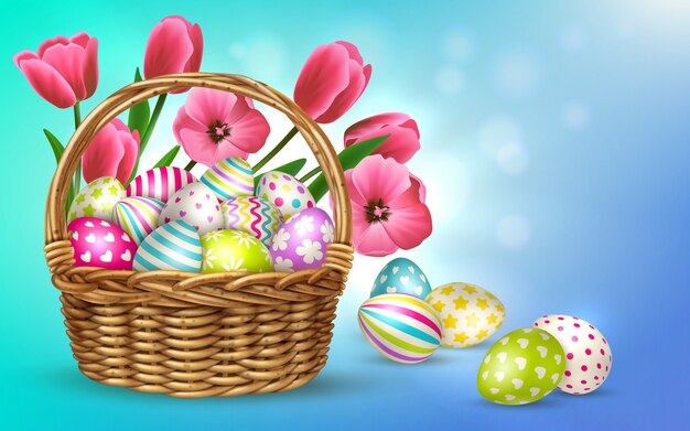 Composición de Pascua con fondo borroso e imágenes de canasta llena de flores y huevos de pascua festivos ilustración
