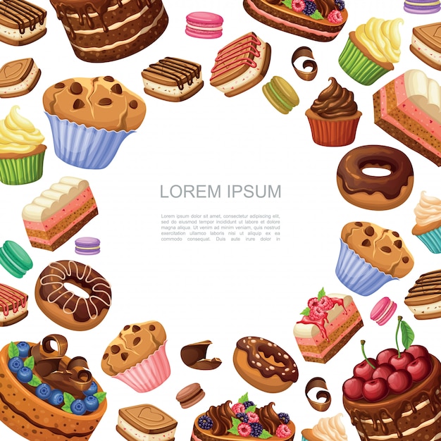 Composición de pasteles y postres de dibujos animados con macarrones donas magdalenas magdalenas y trozos de tarta