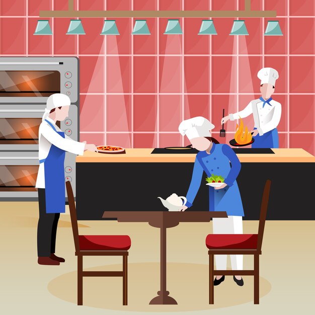 Composición de personas cocina plana