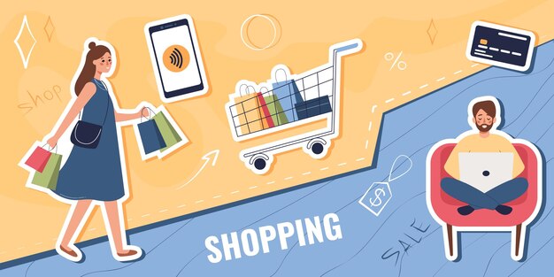 Composición de personas de compras con collage de iconos de teléfono inteligente y tarjeta de crédito de carrito plano con ilustración de vector de personajes humanos