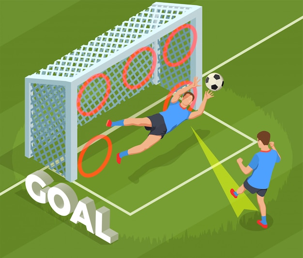 Vector gratuito composición de personas isométricas de fútbol soccer con carácter humano del jugador dejando caer gol en la jaula