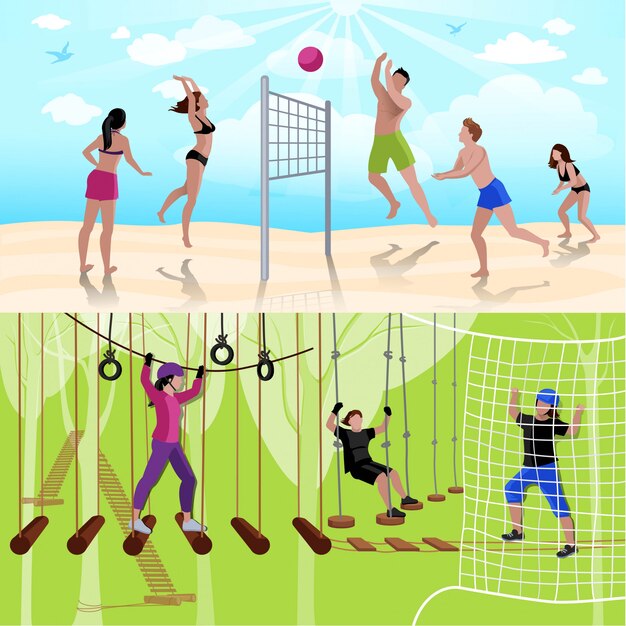 Composición de personas de ocio activo con voleibol y escalada en estilo plano.