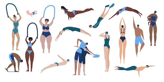 Composición de personas de piscina con carácter humano aislado de hombre saltando en traje de baño ilustración vectorial