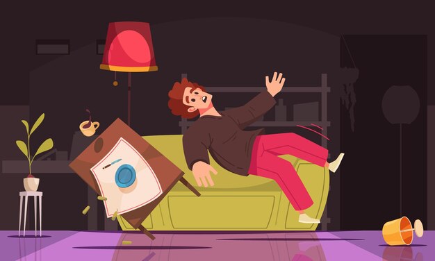 Composición de personas que caen, el hombre se resbala y cae al suelo con su mesa en la ilustración del vector de la habitación