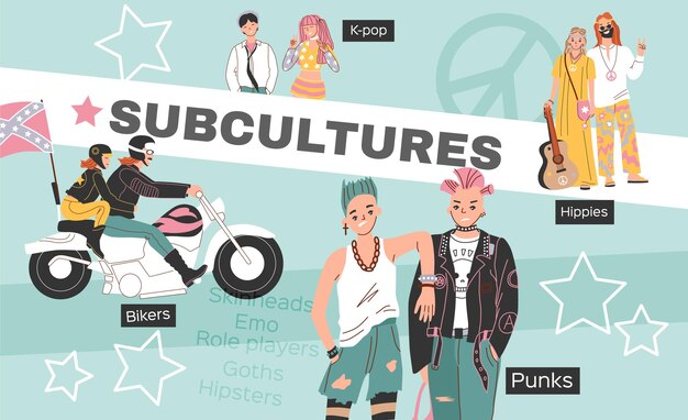 Composición de personas de subcultura con collage de íconos planos con ciclistas punks hippie y fanáticos del pop coreano ilustración vectorial