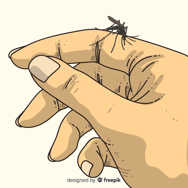 Composición de picadura de mosquito en la mano dibujada a mano