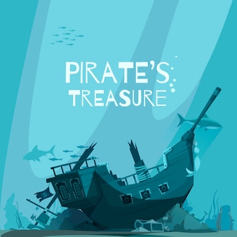 Composición pirata con paisaje submarino y peces con naufragio de barco pirata hundido con texto