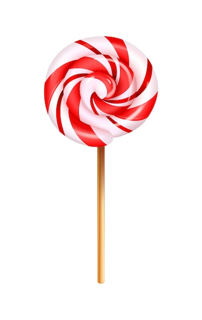 Composición de piruleta realista con imagen de caramelo dulce en palo de madera en la ilustración de vector de fondo transparente