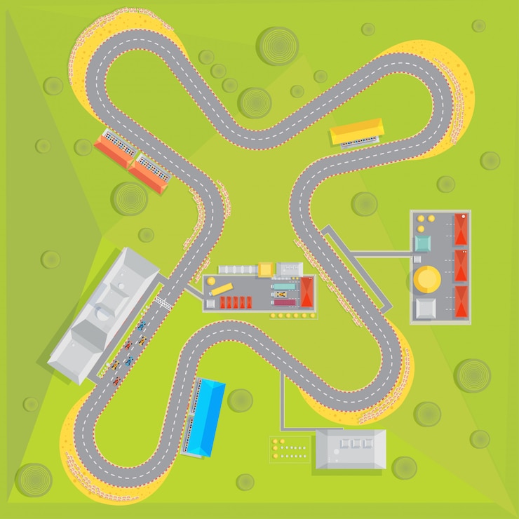 Vector gratuito composición de la pista de carreras con vista desde arriba del campo de carreras, con área verde circundante e infraestructura