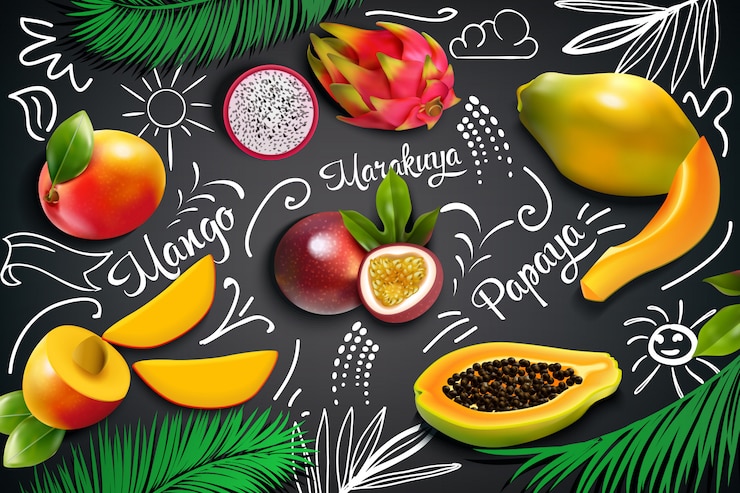 Vector gratuito composición de pizarra de frutas tropicales