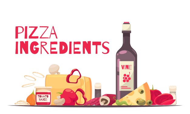 Composición de pizza coloreada y plana con titular de ingredientes de pizza y botella de vino ilustración vectorial