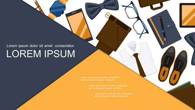 Composición plana de accesorios de empresario con relojes de pulsera, teléfono, ropa, bloc de notas, bolígrafo, billetera, lentes, maletín, pajarita, diapositiva,