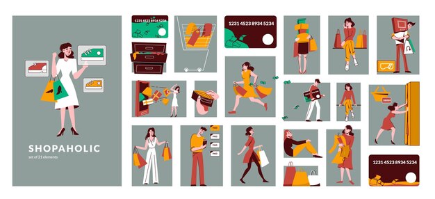 Composición plana adicta a las compras que consiste en ilustraciones rectangulares separadas de personajes masculinos y femeninos sosteniendo bolsas con compras ilustraciones vectoriales aisladas