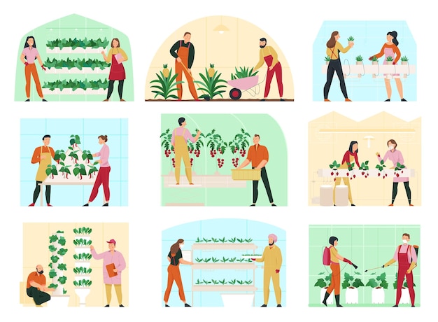 Vector gratuito composición plana de agricultura con hombres y mujeres que cuidan plantas de invernadero ilustración vectorial aislada