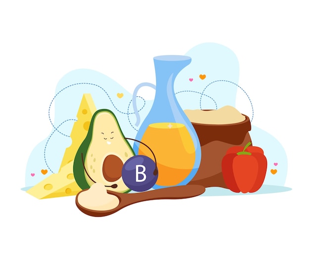 Composición plana de aguacate de dibujos animados con carácter de fruta recogiendo vitaminas e ingredientes alimentarios queso y aceite ilustración vectorial