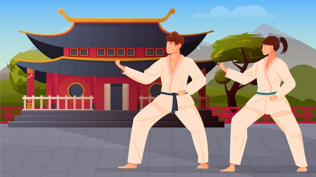 Vector gratuito composición plana de artes marciales orientales con personajes de atletas masculinos y femeninos en kimono