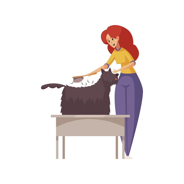 Vector gratuito composición plana de aseo con carácter de mujer peinando la ilustración de vector de perro peludo