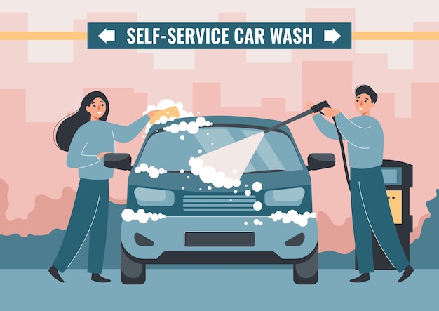 Composición plana de autoservicio de lavado de autos con vista frontal del automóvil que se limpia con una ilustración vectorial de pareja