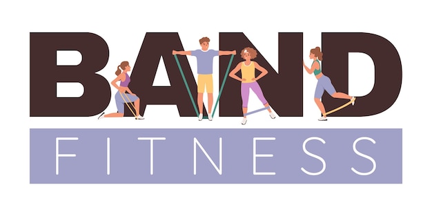 Composición plana de bandas elásticas de fitness con texto editable y caracteres estilo garabato de personas que trabajan en ilustraciones vectoriales