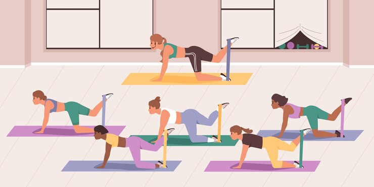 Vector gratuito composición plana de bandas elásticas de fitness con vista interior del gimnasio con entrenamiento de varias personas en la ilustración de vector de grupo