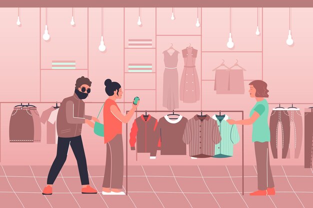 Composición plana de la bolsa de robo con vista interior de la mujer de la tienda de ropa que elige la camisa y la ilustración del personaje criminal