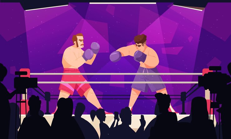 Vector gratuito composición plana de boxeo dos boxeadores peleando en el ring contra una ilustración de vector de fondo púrpura