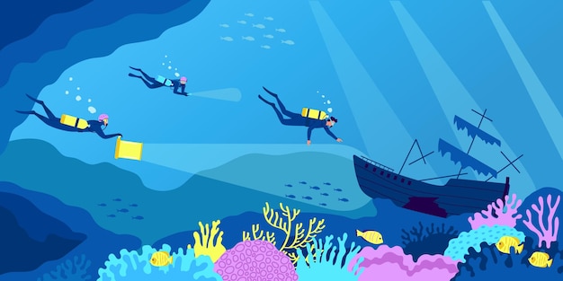 Vector gratuito composición plana de buceo con buzos bajo el agua en busca de ilustraciones vectoriales de barcos hundidos